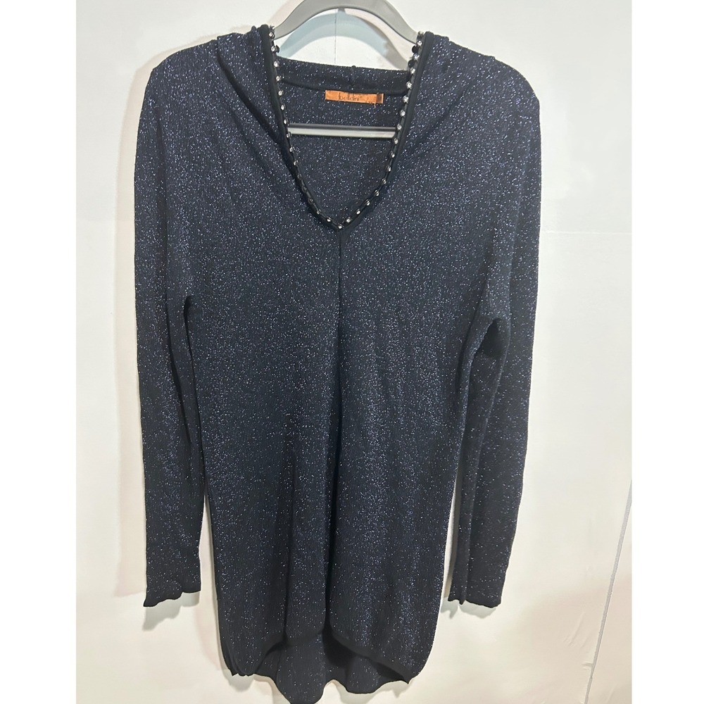 Belldini Tunic Hoodie Medium Black Blue Metallic Rhinestone Trim Goth Evening